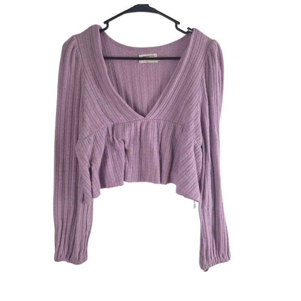 Urban Outfitters Cropped Long Sleeve‎ S Womens Purple V Neck Coquette Pullover